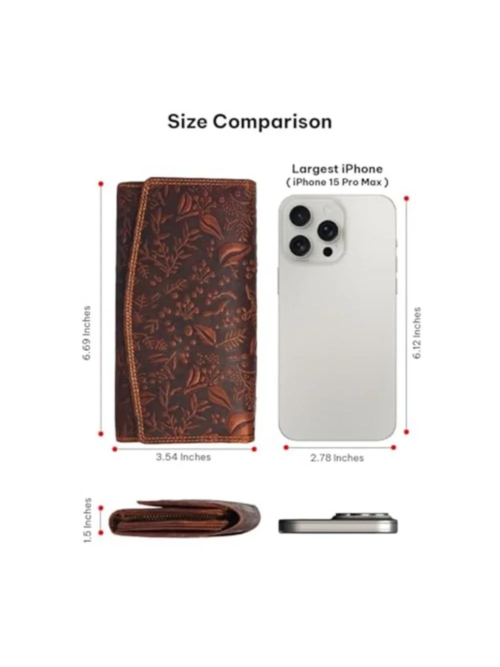 Womens Leather Wallet RFID Blocking Cognac Floral Embossed Bifold Card Organizer